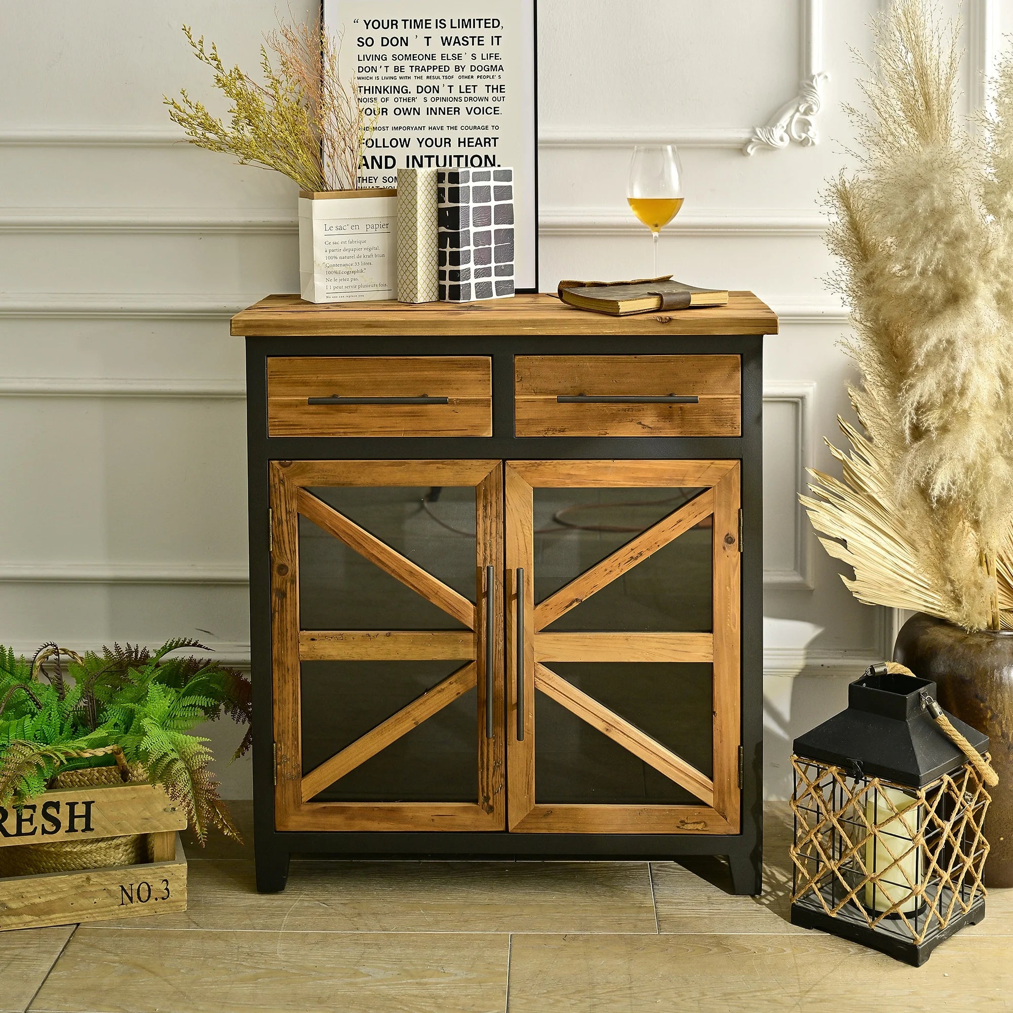 INNOVA Home Solid Wood Antique Accent Farmhouse Entry Living Room 2 Drawer 2 Door Storage Side Cabinet Home Furniture