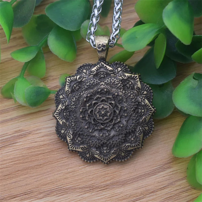 Tibetan Buddhist Protection Amulet Religious Jewelry Antique Bronze Om Lotus Mandala Pendant Necklace