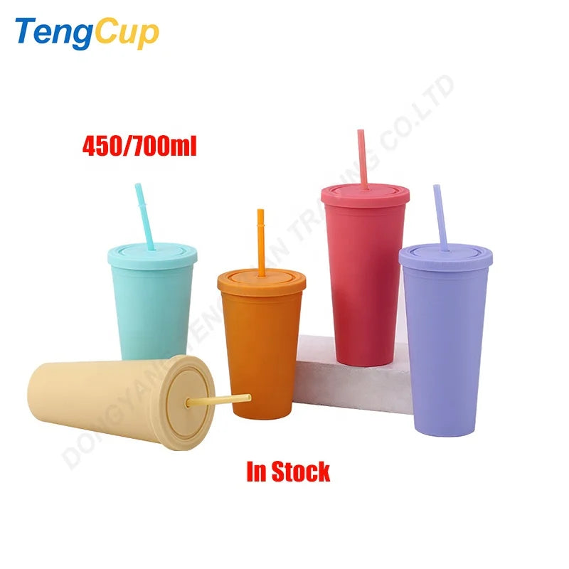TY 450/700ml Customized Logo Double Wall Powder Coated Eco-Friendly Plastic Tumbler Straws Thermal Insulation Sport Use Outdoor