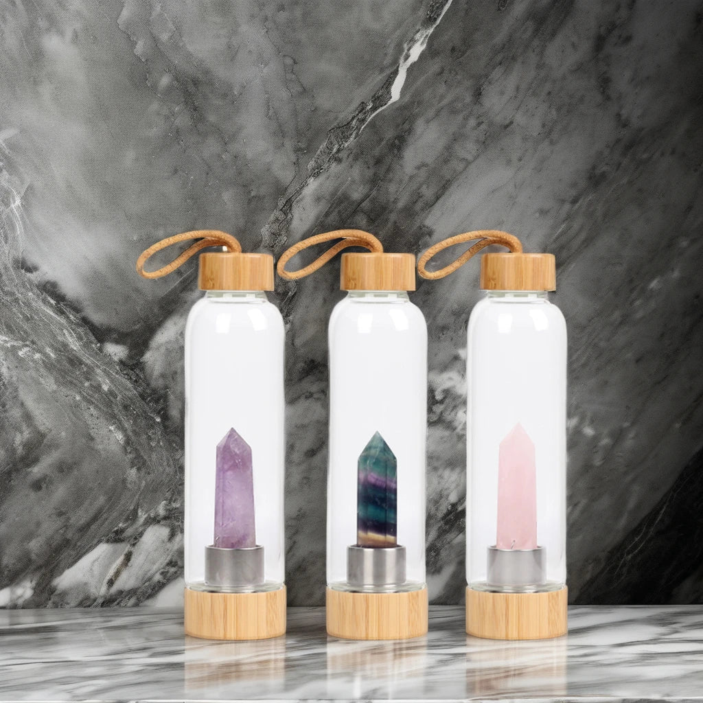 Unisex High Quality Crystal Infused Glass Water Bottle Bamboo Lid Direct Drinking for Gym Outdoor Activities for Logo Design