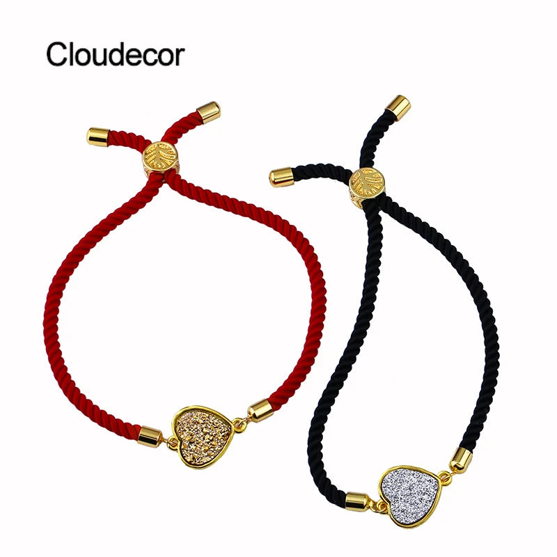 Korean Red Heart String Bracelet Popular Druzy Heart Charm Bracelet for Couples Fashion Charm Jewelry