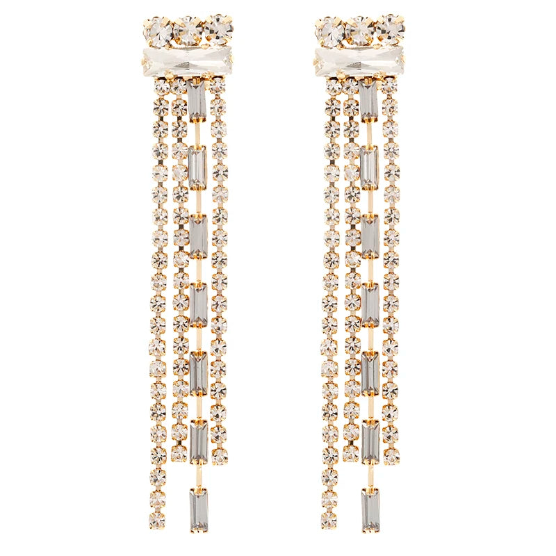 Shiny Rhinestone Crystal Tassel Geometric Stud Earrings Statement Long Tassel Drop Jewelry Fashion Accessory