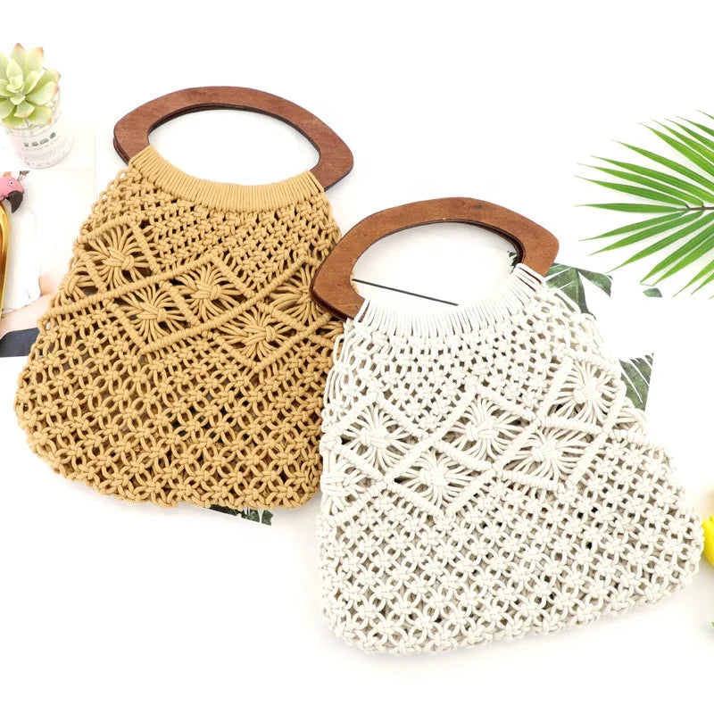 Multicolor Boho Cotton Hand Woven Bucket Women Shoulder Macrame Tote Beach Bag