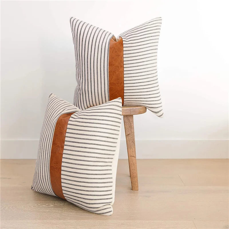 Modern Tan Faux Leather Accent Pillow Covers With Decor Stripe Patchwork Linen Throw Pillow Covers18x18 Inch Navy Blue