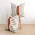 Modern Tan Faux Leather Accent Pillow Covers With Decor Stripe Patchwork Linen Throw Pillow Covers18x18 Inch Navy Blue