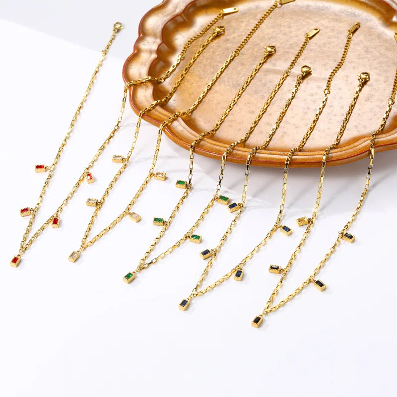 New Trending Chain Jewelry 18K  Real Gold Vacuum Plating Rectangular Zircon Stainless Steel Necklace