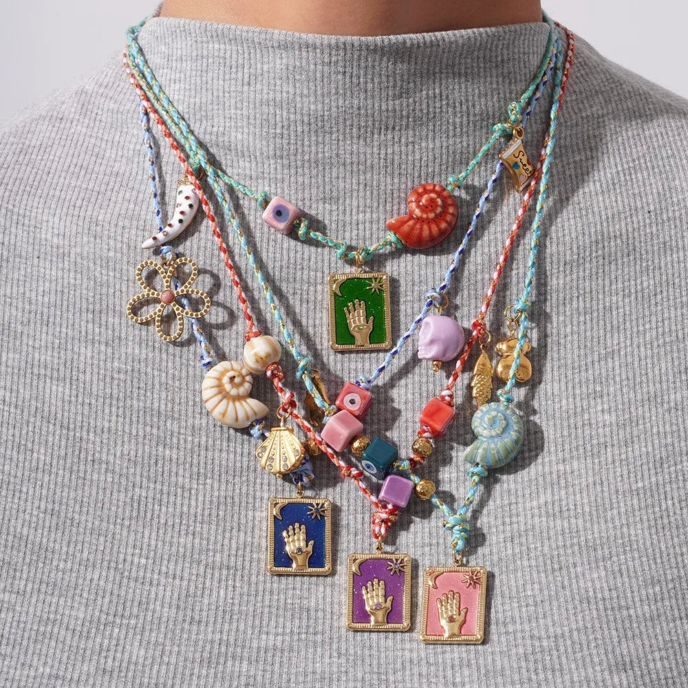 Vintage Colorful Rope Shell Evil Eye Necklace Boho Style Hamsa Hand Beaded Tarot Necklace for Women