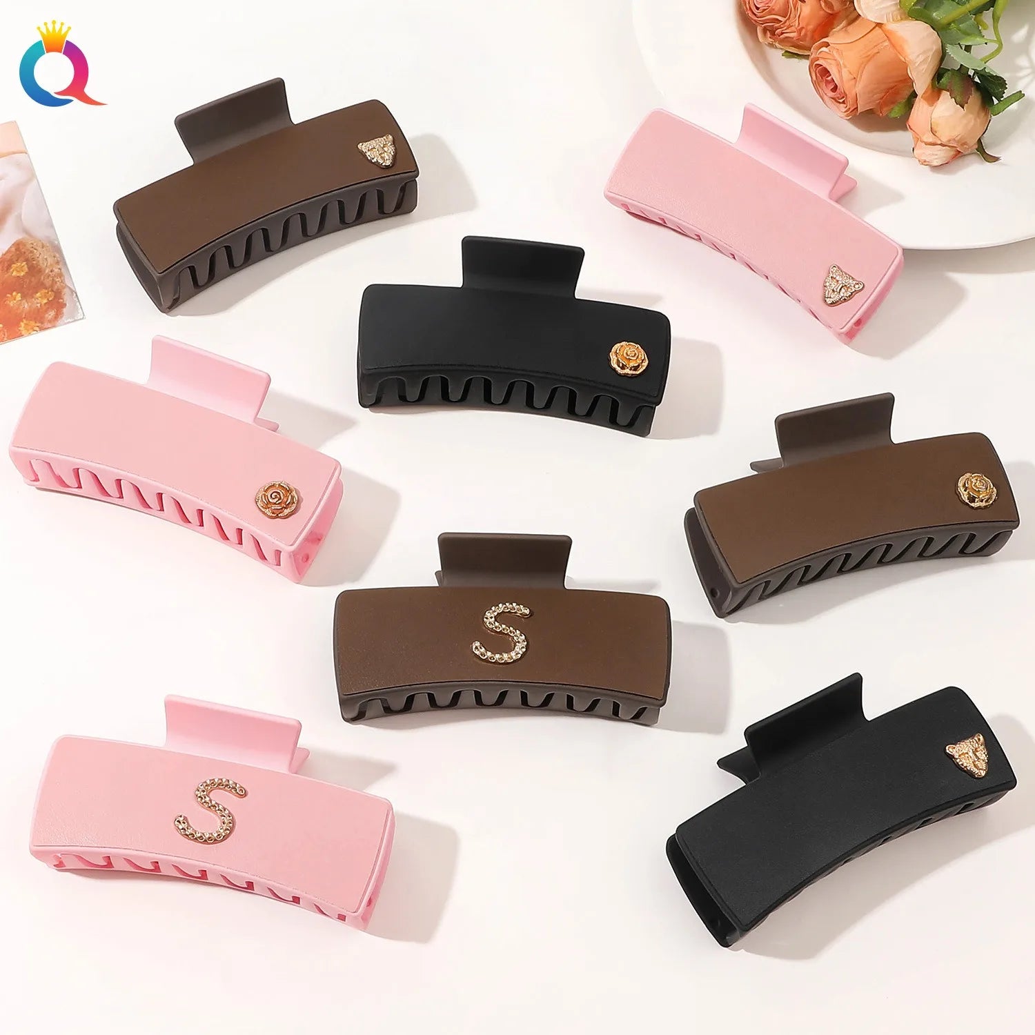 QIYUE Vintage Rose Hair Clip Advanced Leather Large Disc Hair Clip Shark Clip Women's Hair Accessories