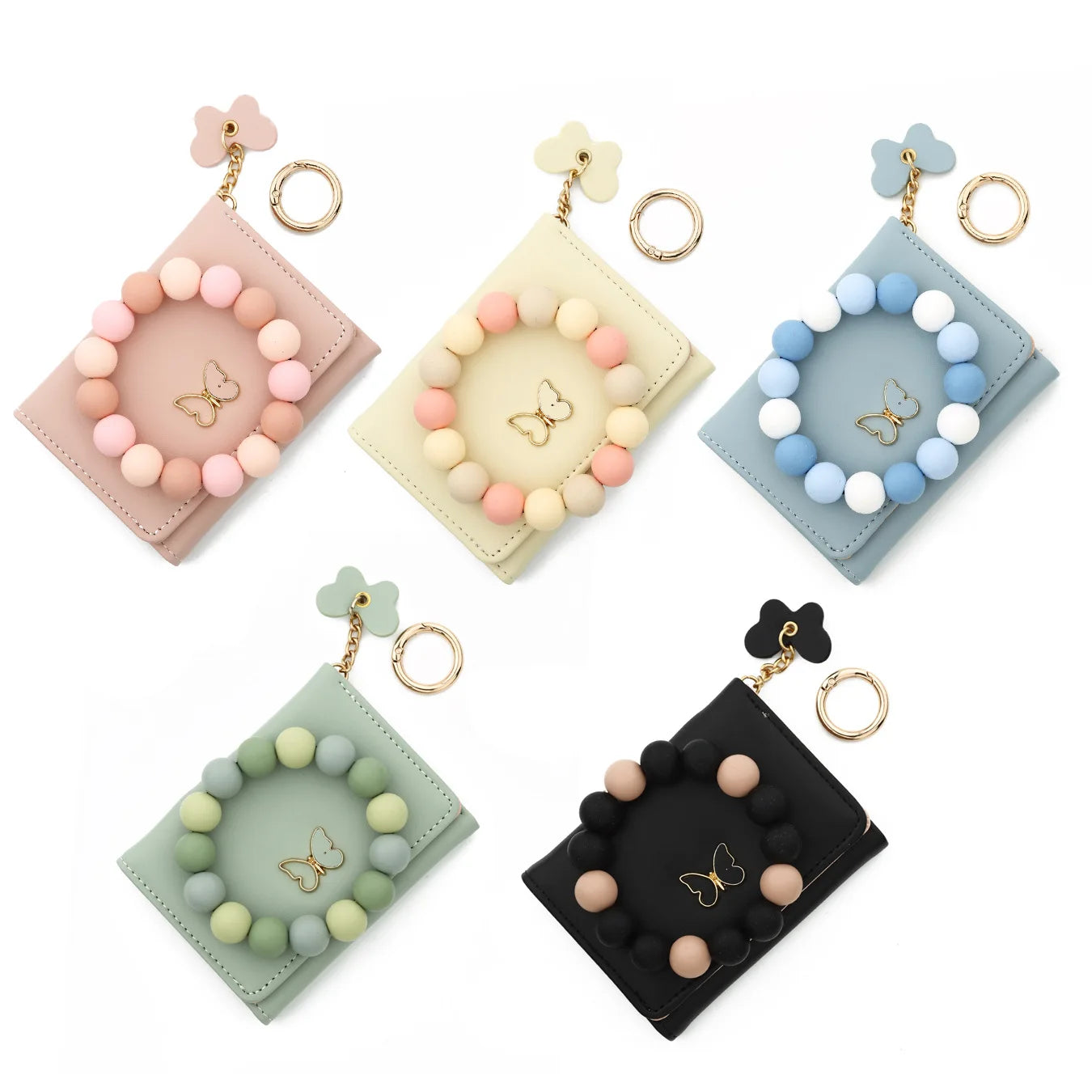 Hot Sale Solid Color Card Holder Coin Purse Butterfly Charm PU Wallet Keychain With Silicone Bead Bracelet for Women