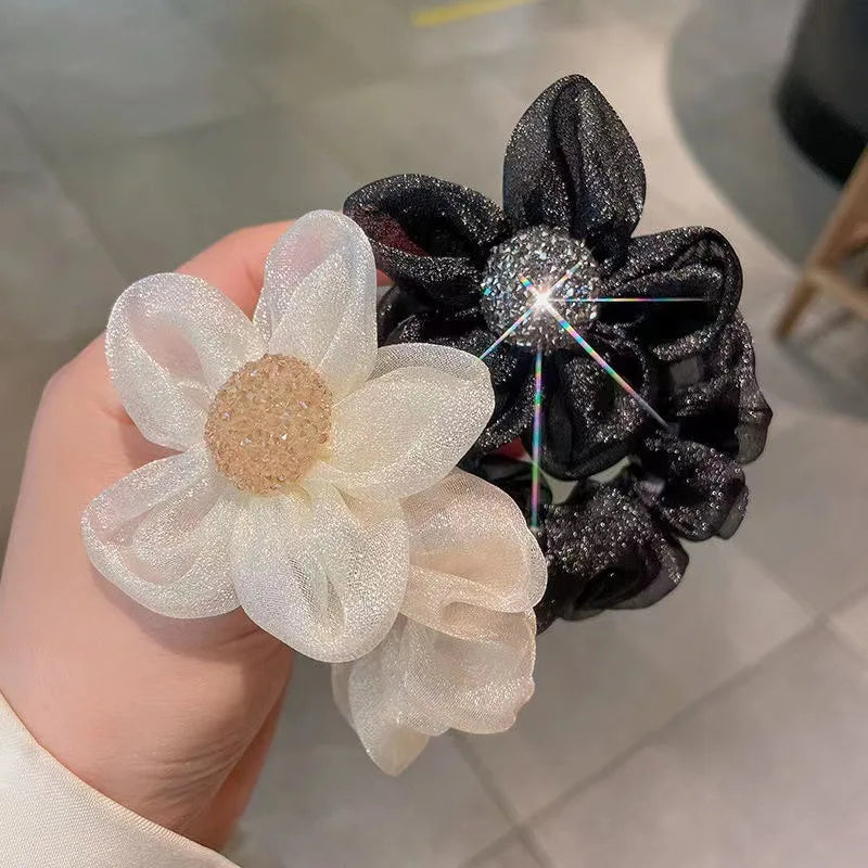 Fairy Shiny Sunflower  Hair Scrunchies Temperament Horsetail Hair Rope Large Intestine Hair Loop Rhinestone Rubber Band