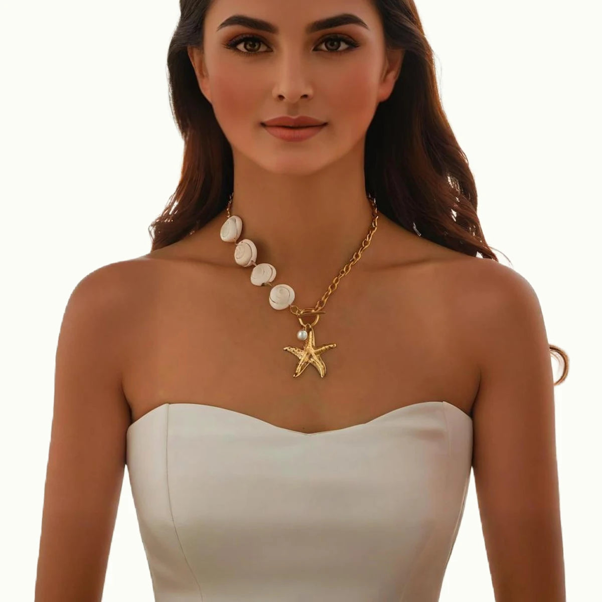 Bohemia Asymmetrical Oysters Beaded Chains with Big Starfish Pendant Necklaces Women Trendy Beach Choker Collar Fashion Jewelry