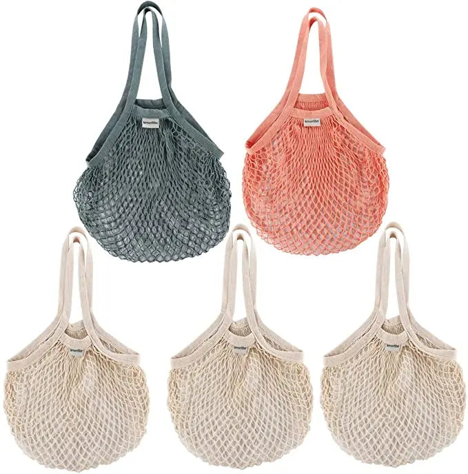 Reusable Cotton Mesh Grocery Bags Foldable and Washable Cotton String Shopping Bags Long Handle Net Tote for Farmers Market