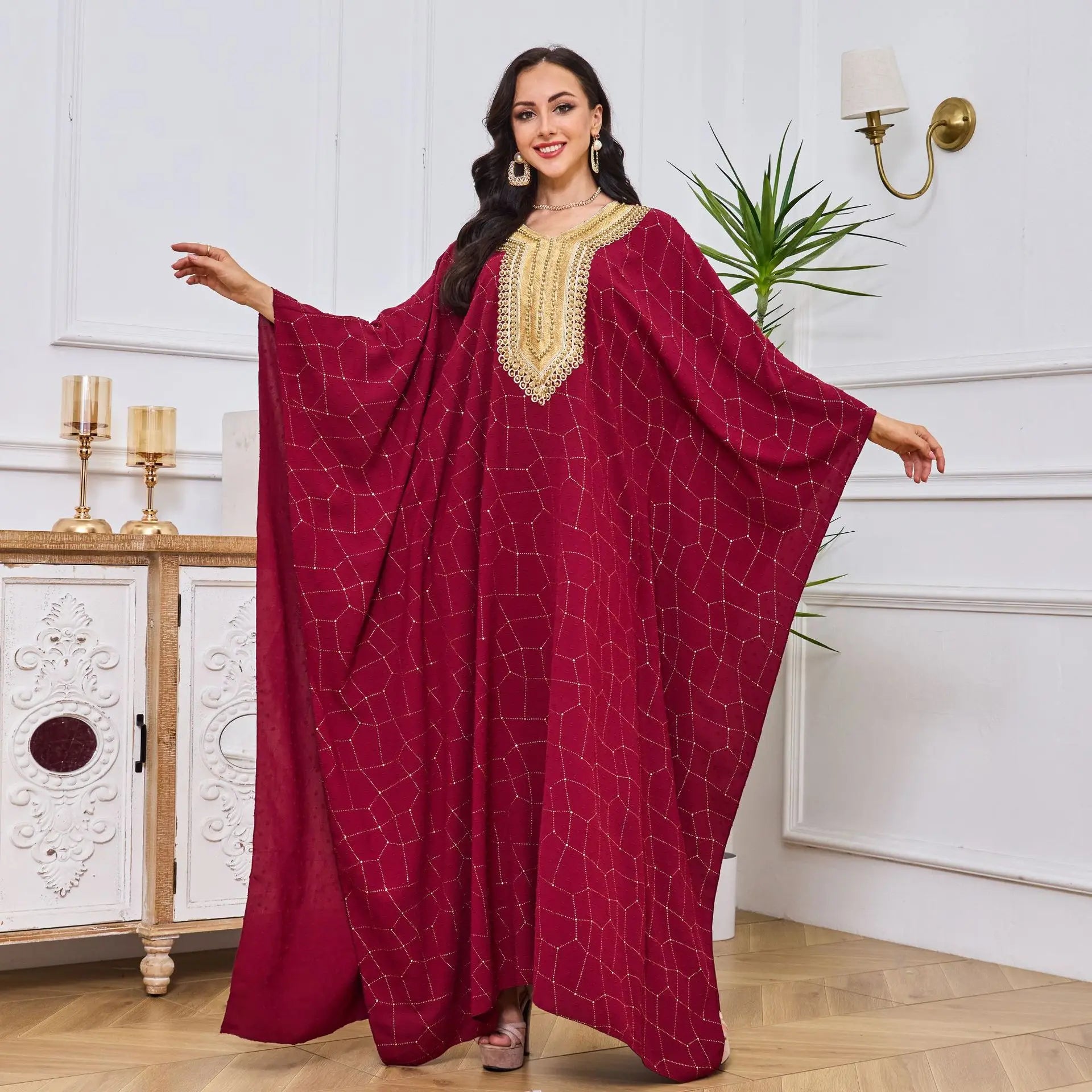 Dubai Embroidery Luxury Fashionable Pleated Red Burqa Abaya New Model for Women Dress Muslimah Clothing Wholesale