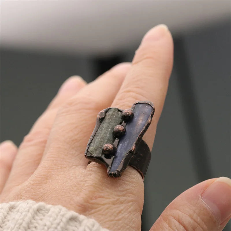 Vintage Jewelry Antique Bronze Plated Natural Gemstone Soldered Blue Kyanite Stone Adjustable Ring