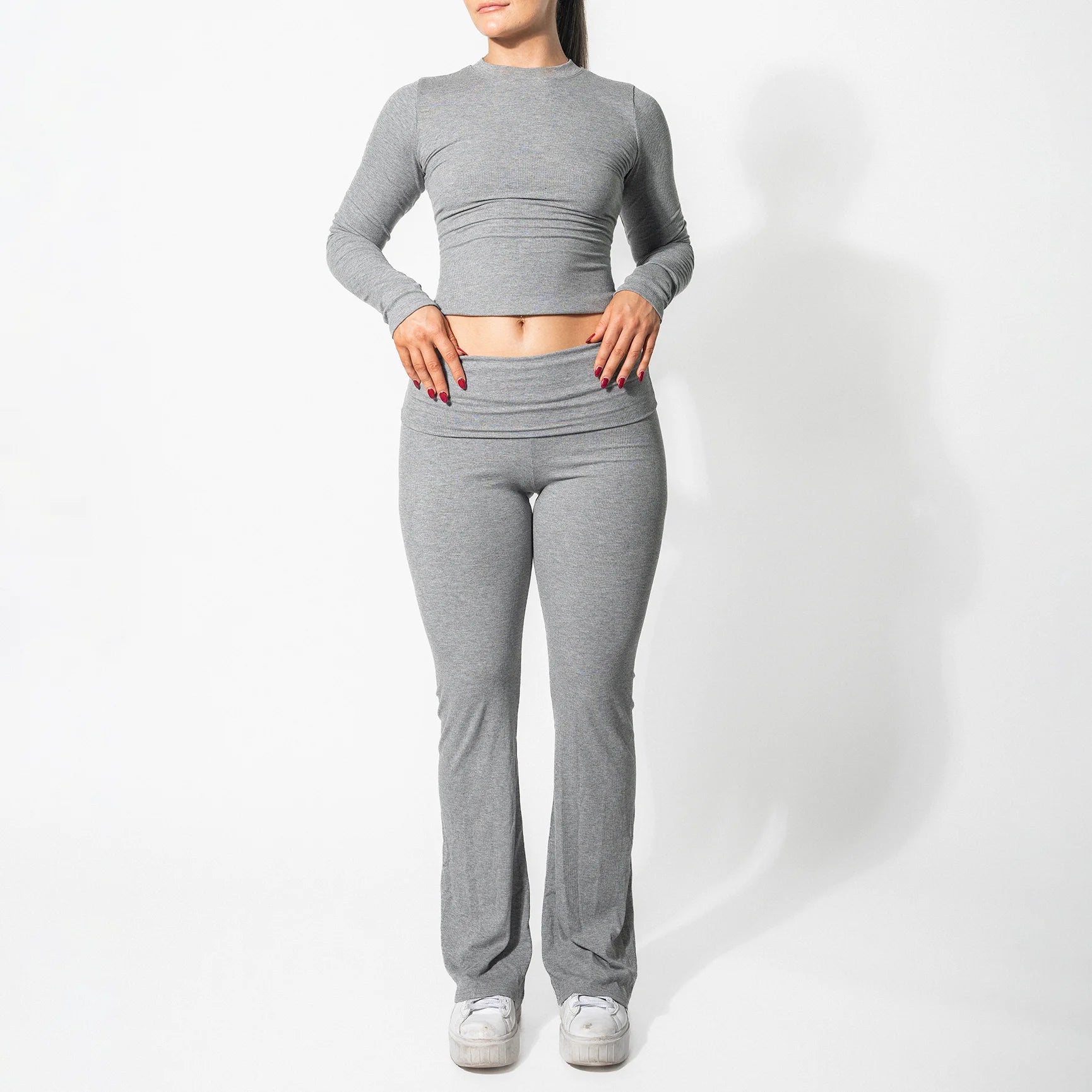 Custom Fitness Yoga Wear Workout Clothing Grey Fitted Lounge Flare Leggings Women Sets