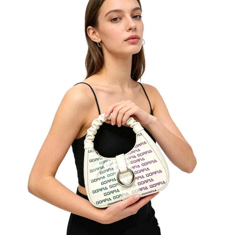 Cream Ruched Handle Hobo Bag Printed Pattern Metal Ring Adjustable Strap Women Shoulder Crossbody Bag for Daily Stylish Bags