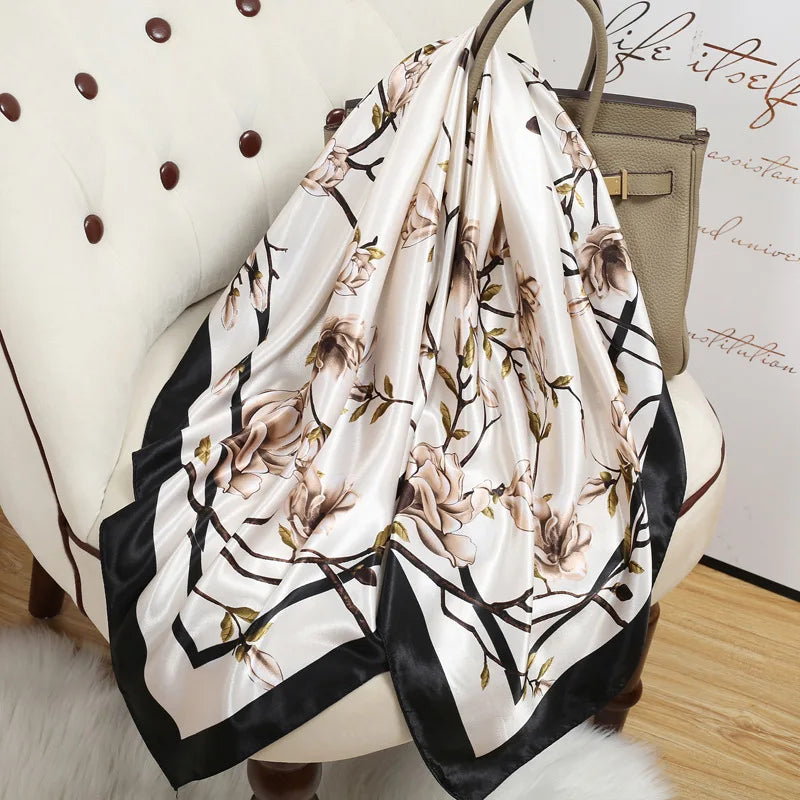 Personalized Echarpe Women Luxury Designer 90x90 Silk Feel Square Scarf Print Hijab Ethnic Bandana Hair Band Kerchief Head Scarf