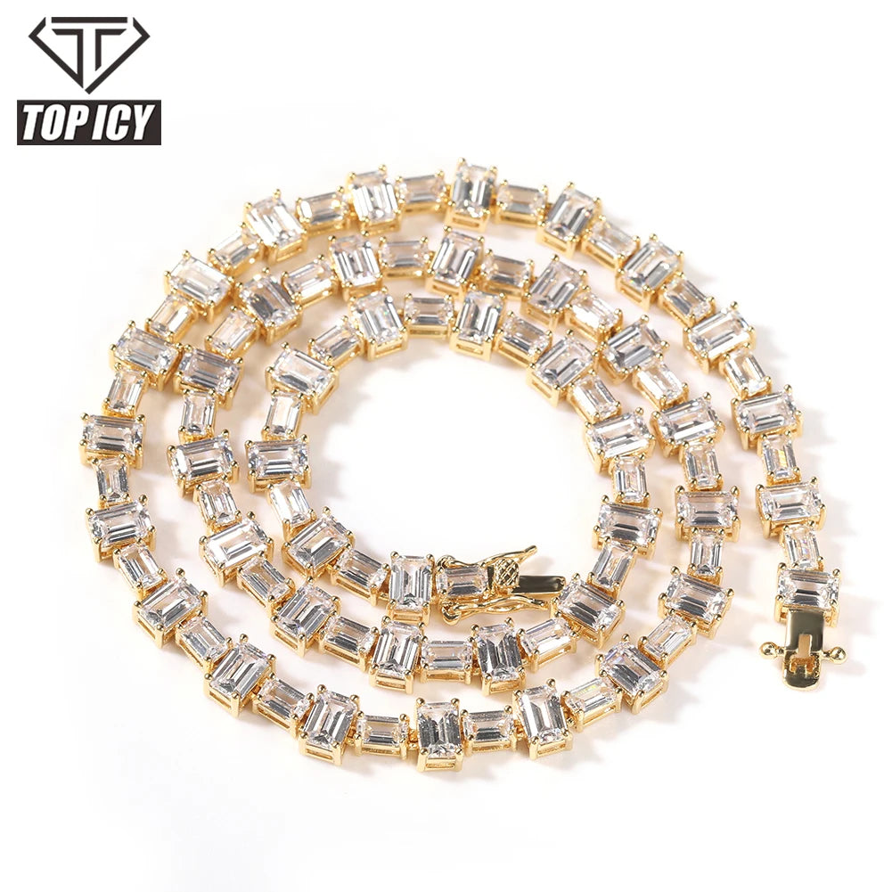 TOP ICY Gold Silver pink Mix Color baguette CZ Prong Set Luxury Real Gold Plating Spring Clasp Women Tennis Chain