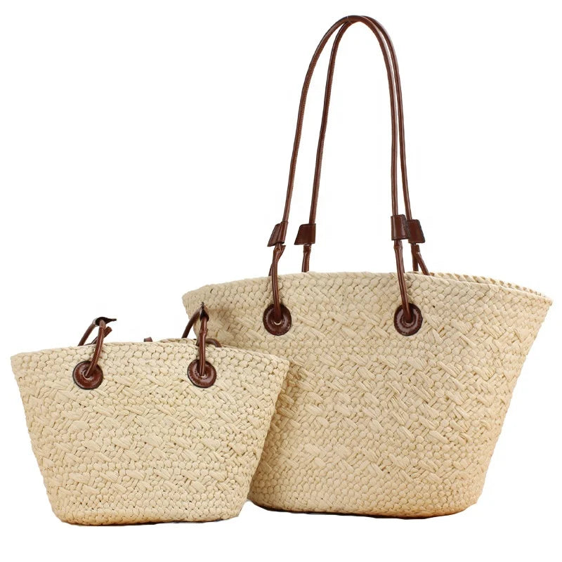 Summer Beach Lady Fashion Shoulder Bag Women's Hand-Woven Straw Purse with Large Straw Design Dress Style