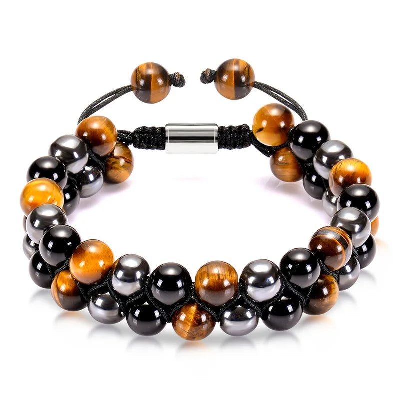 Double Layer Adjustable Bracelet in Ethnic Style Natural Black Onyx Magnetic Stone Woven with Rope for Christian Occasions Gifts