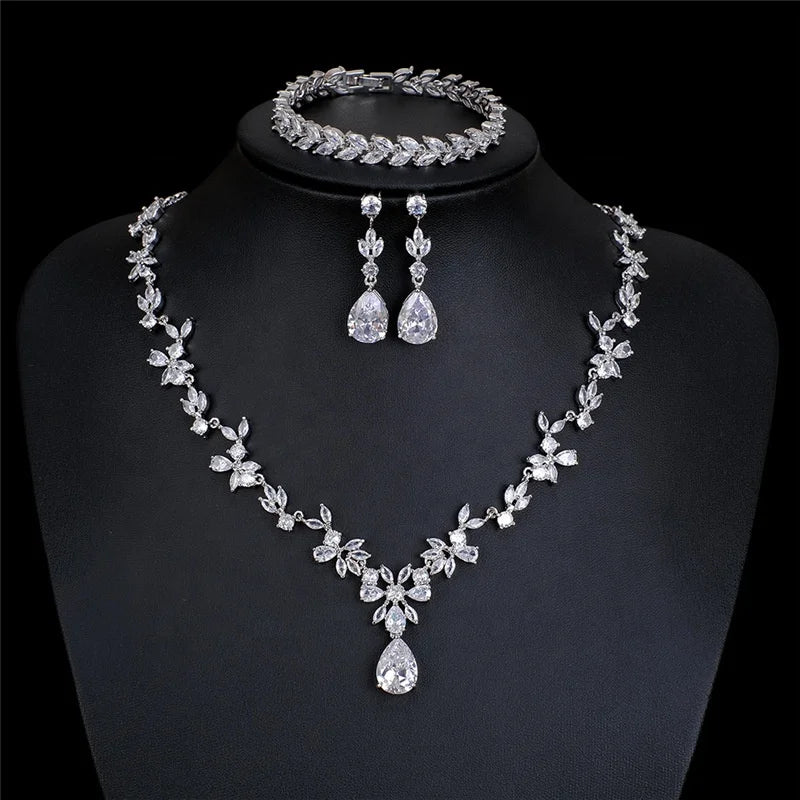 Luxury Bling AAA Marquise Zircon Diamond African Dubai Bridal Gold Plated Necklace Earring Bracelet Set Women Wedding Jewelry