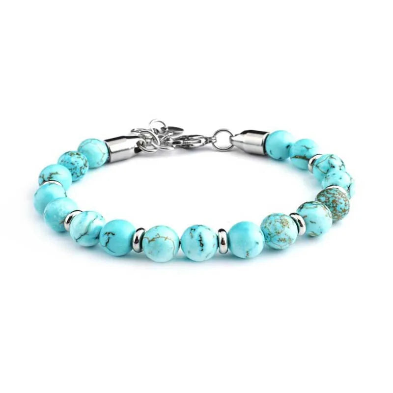 8mm Blue White Stone Stainless Beaded Stainless Chain Natural Stone Bracelet ST225