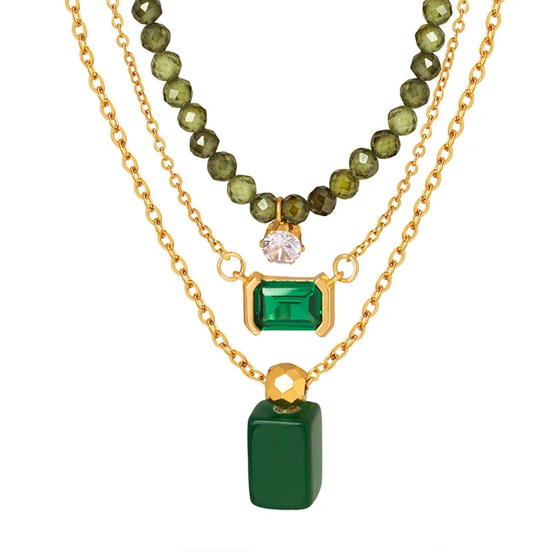 Minimalist Green Beads Square Pendant Choker Necklace Emerald Zircon Necklace Stainless Steel Necklace for Women