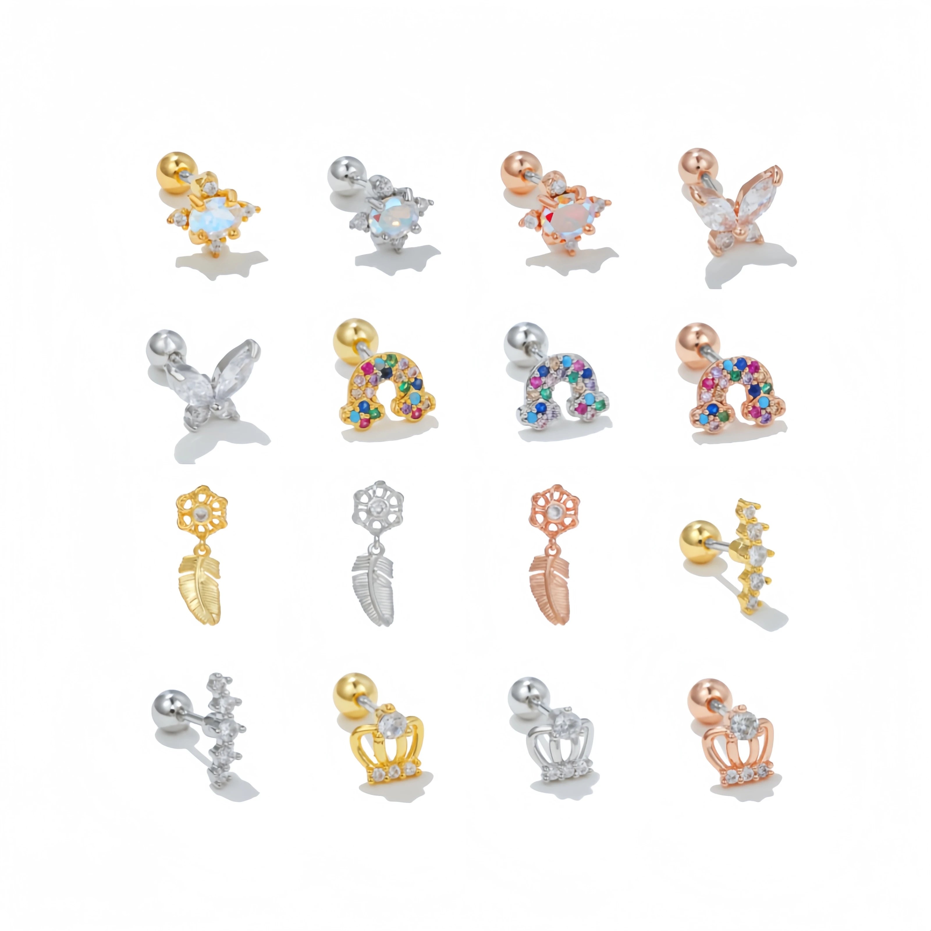 New Korean Simple Women Diamonds Zircon Ear Bone Stud Light Luxury Niche Ornament Feather 18k Gold Puncture Piercing Earrings