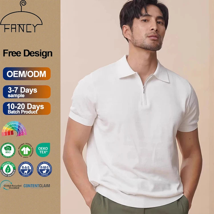 Summer Lightweight Retro Ice Silk Knitted Half-sleeved Light Luxury Zipper Loose Solid Short-sleeved Men's Polo Shirt