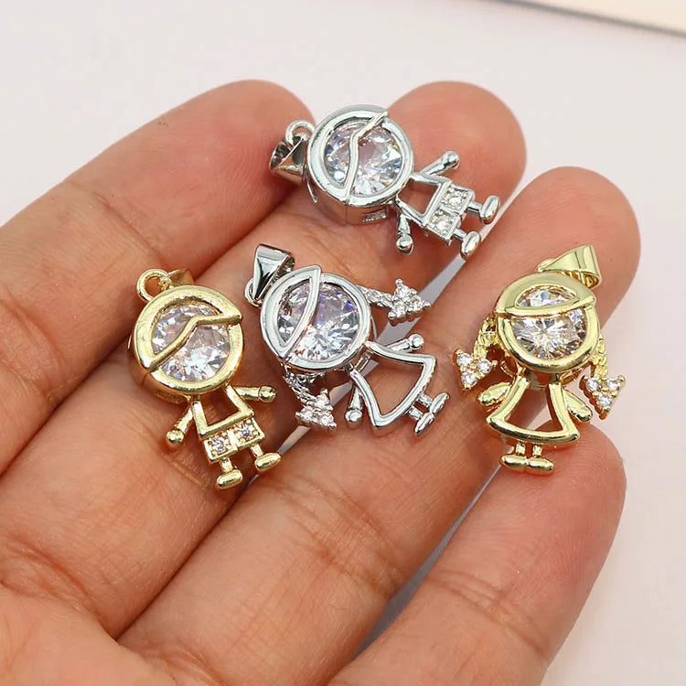 CZ8882 Bling 18k Gold Silver CZ Cubic Zirconia Girl and Boy Kids Best Friend Couple Charms for Jewelry Making