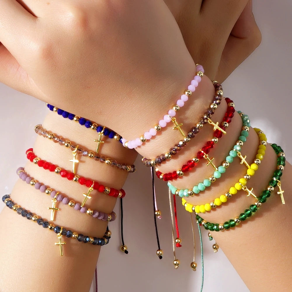 Go2boho New Wholesale Colorful Crystal Beads Gorgeous 18K Gold Plated Beaded Lucky Cross Bracelets for Women Summer Trendy