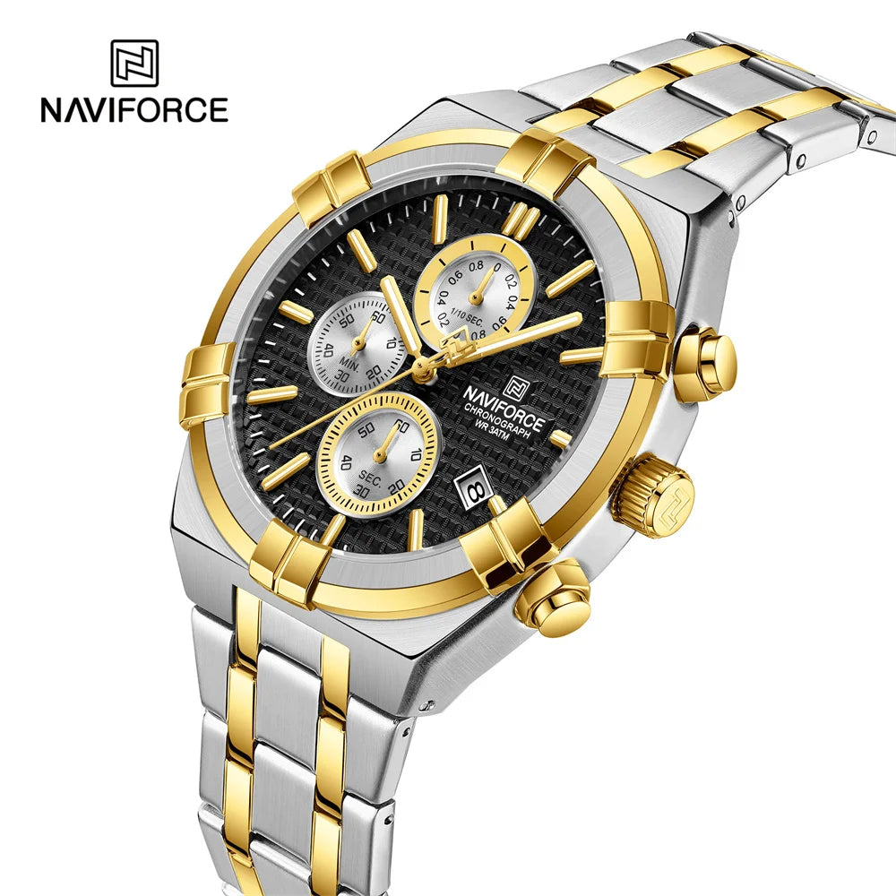 NAVIFORCE 8042 SBG Gold Men Watches Luxury Stainless Steel Quartz Wrist Watches for Male Small Three Needle Waterproof Clock