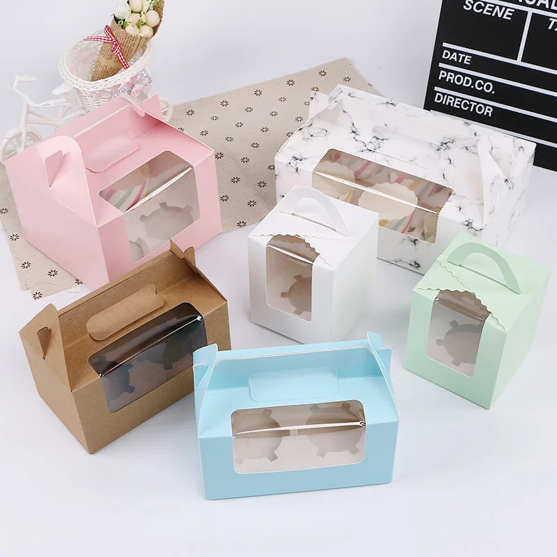 Custom Brown White Blue Pink Marble Paper PVC Window 1 2 4 6 Holes Cupcake Gable Box With Handle