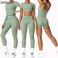 New Women Plus Size 5PCS Gym Clothing Yoga Set Scrunch Butt Pants and Long Sleeve Crop Top Workout Gym Fitness Sets