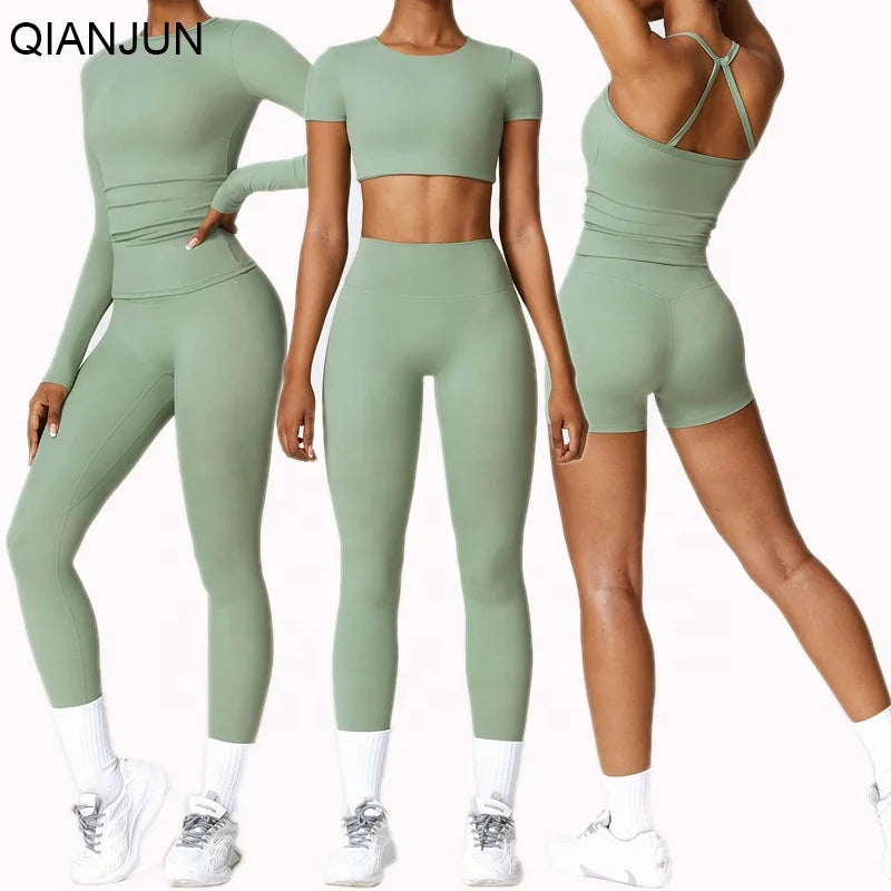 New Women Plus Size 5PCS Gym Clothing Yoga Set Scrunch Butt Pants and Long Sleeve Crop Top Workout Gym Fitness Sets
