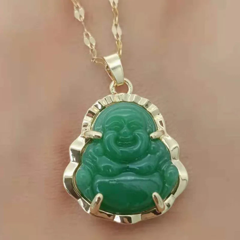 Ethnic Style Stainless Steel Maitreya Buddha Pendant Necklace Big Belly Green Jade with Gold Plating Chains Type