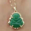 Ethnic Style Stainless Steel Maitreya Buddha Pendant Necklace Big Belly Green Jade with Gold Plating Chains Type