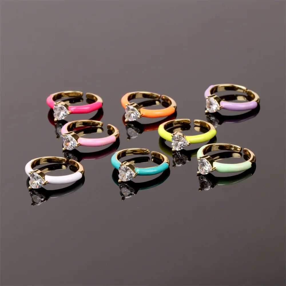 INS Simple Open Ring Colorful Enamel Stacking Rings Love Heart Zirconia Wedding Rings for Girls