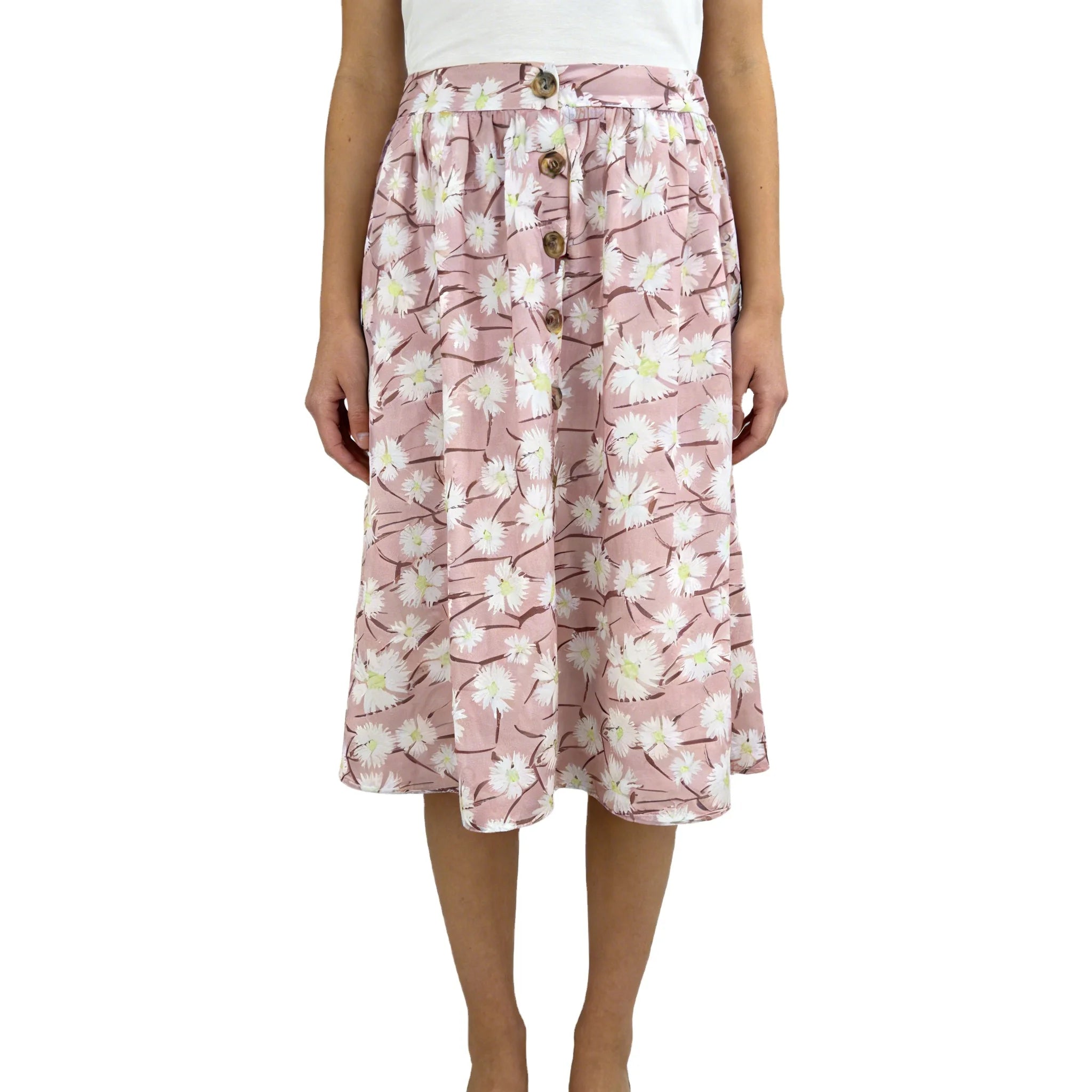 Custom pink Ladies Good Quality With Buttons Clothes Flower A-line Flower Printing Skirt