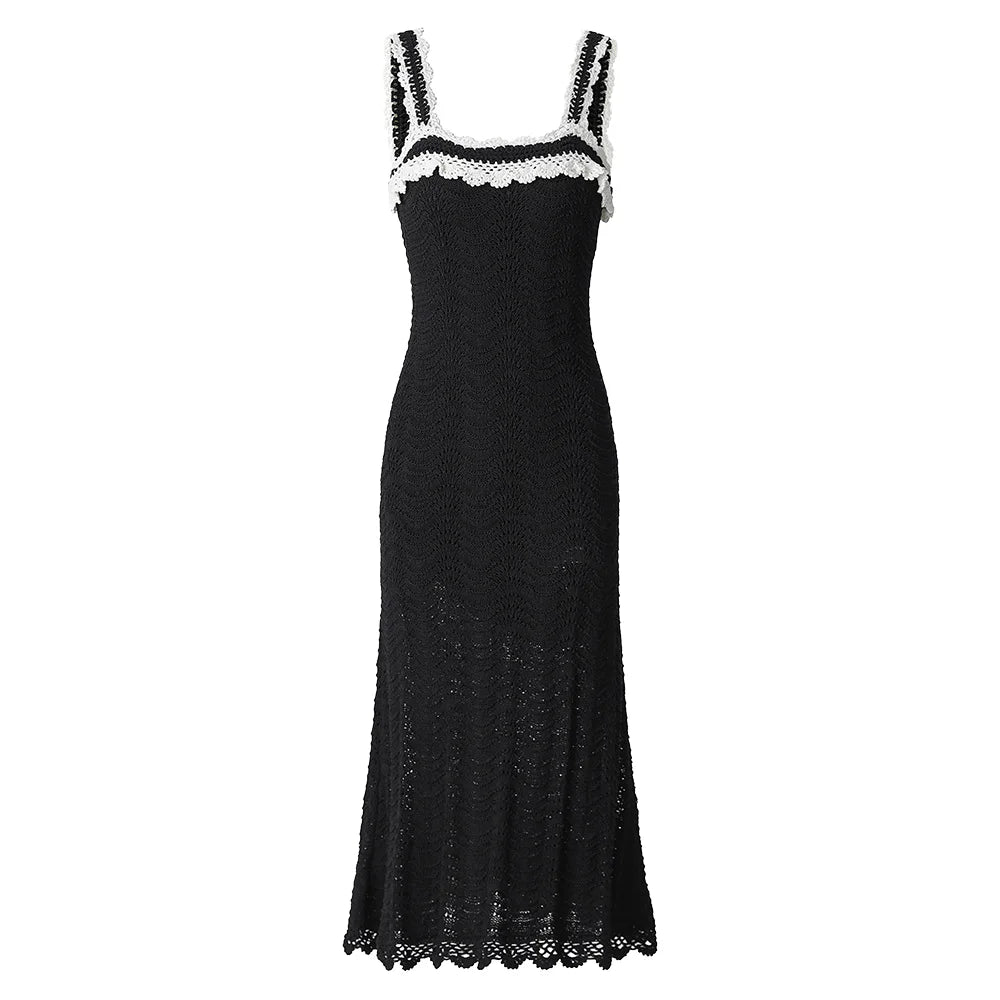 2025 Summer Knit Dresses Newest Women Hollow Out Knitted Designed Slim Fitted and Flare Women Slip Midi Dress Black
