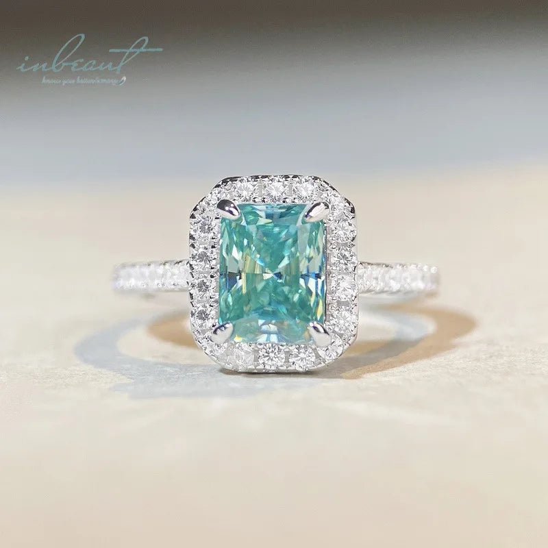 Silver 925 Original 2 Carat Diamond Test Past Brilliant Radiant Cut Mint Green Moissanite Ring for Women Real Gemstone Jewelry