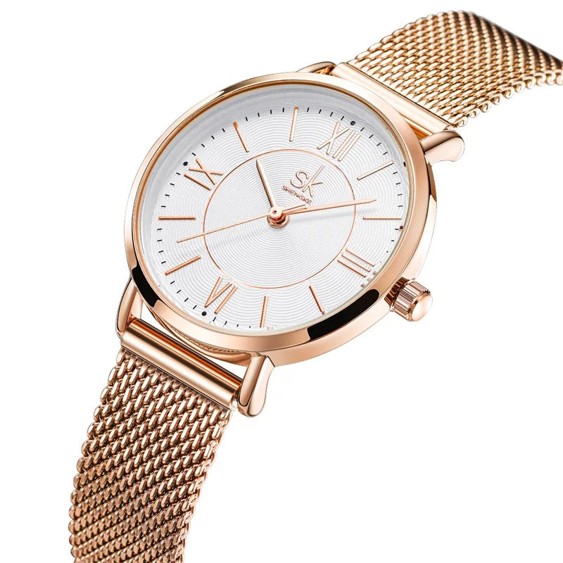 SHENGKE Women's Rose Gold Quartz Watch Seiko Alloy Case Mesh Stainless Steel Leather Strap Roman Numeral Dial 3ATM Water