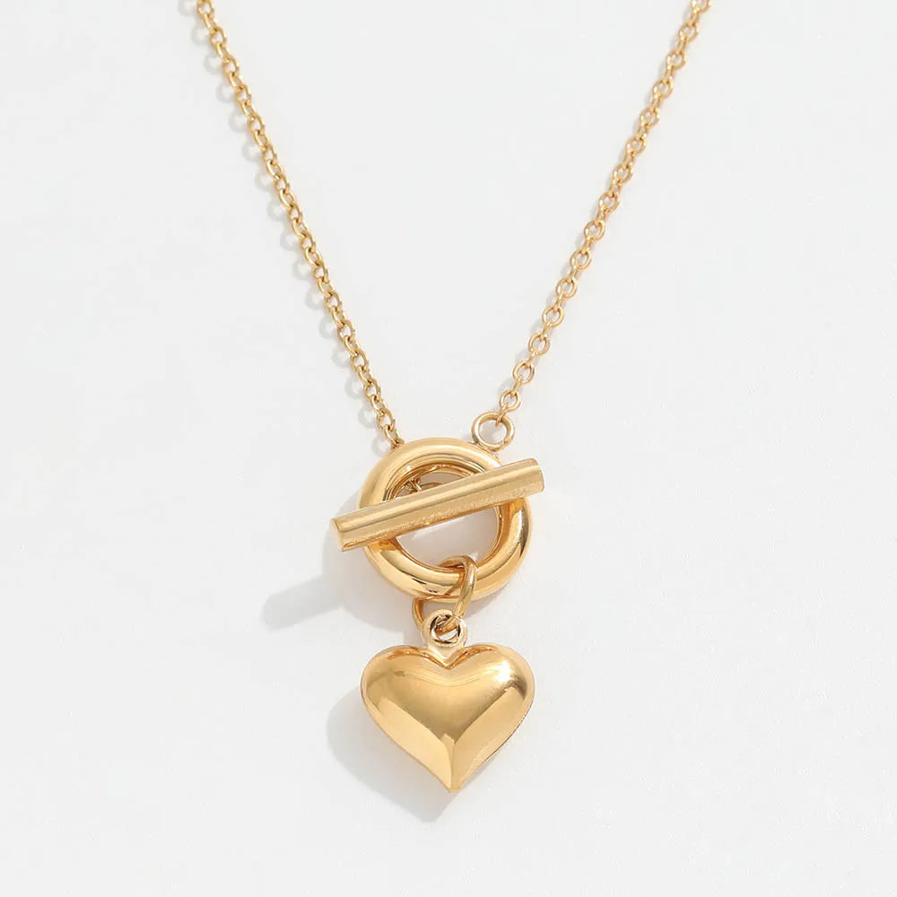 Fenny 18K Gold Plated Retro Personality Love Heart Pendant Toggle Necklace Trendy Stainless Steel Jewelry Wholesale