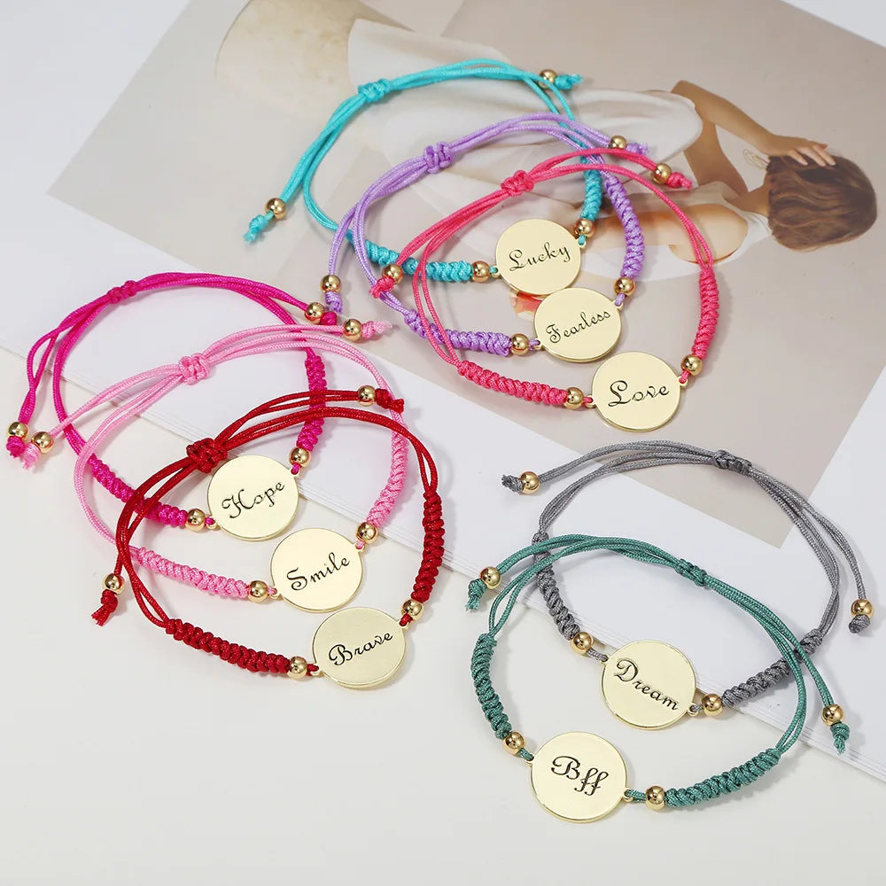 Custom New Design Round Gold Charm Bracelets Personalized Hand Woven Adjustable Rope Brass Word Letter Love Bff Charm Bracelet