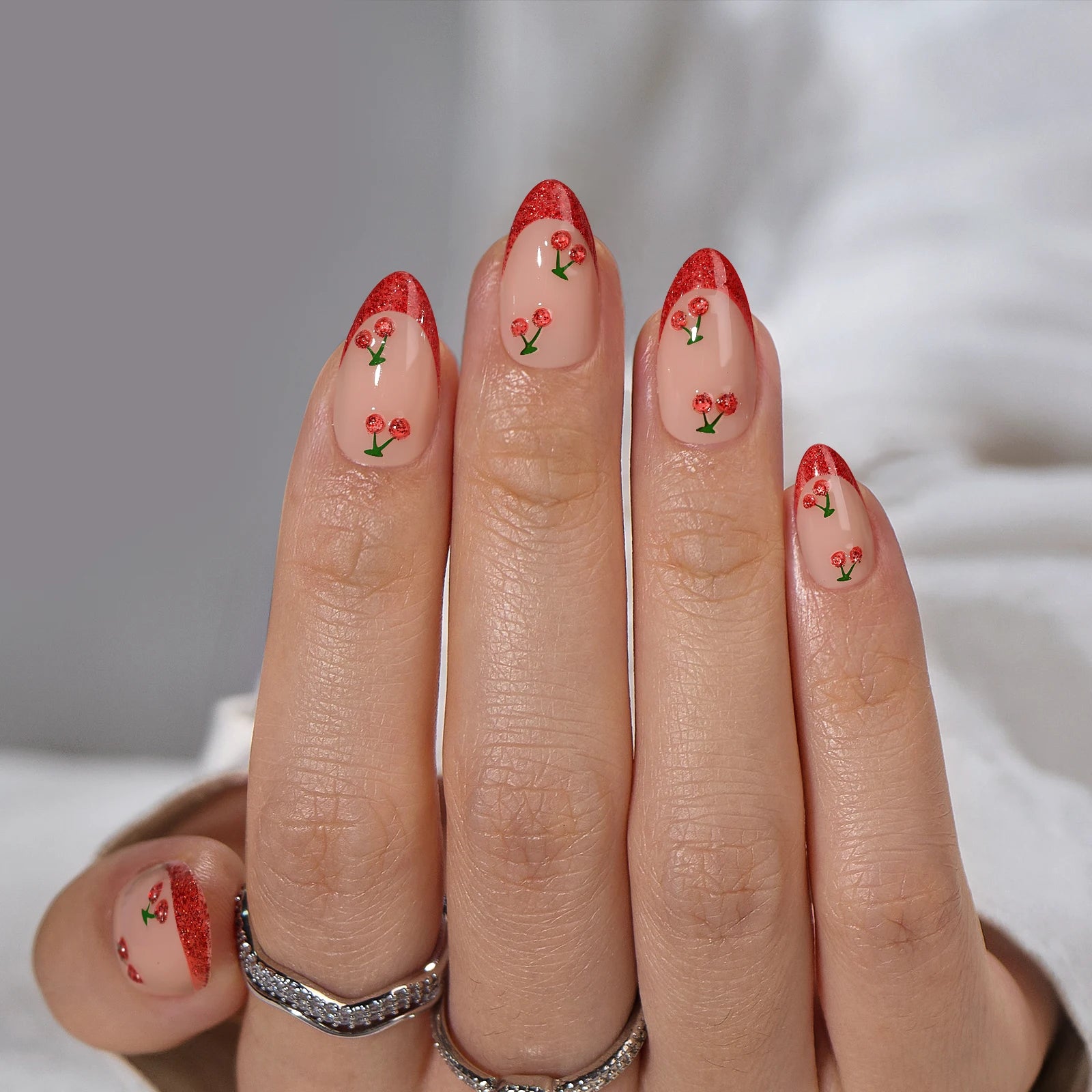 BTArtbox Cherry Design Luxury Artificial Nail Wholesale Soft Gel Valentine Acrylic Handmade 3D Red French Tips Press on Nails