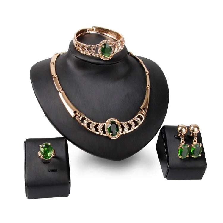 Women Fashion 4 Pcs African Jewelry Sets Wedding Bridal Jewelry Set Gold Big Crystal Luxury Plated Dubai Green Custom Zinc Alloy