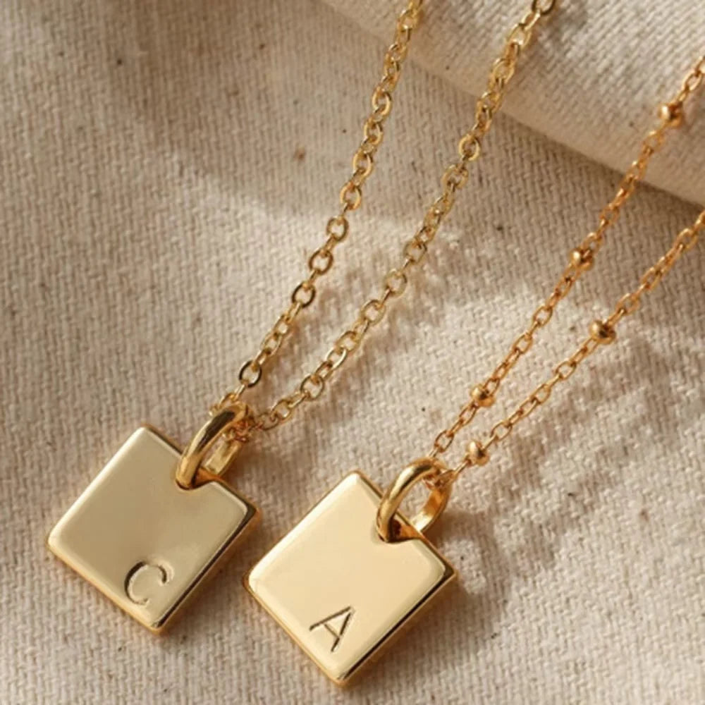 Refined Thin Chain Stainless Steel PVD Plating Gold Non Tarnish Square Pendant Letter Necklace Jewelry for Women