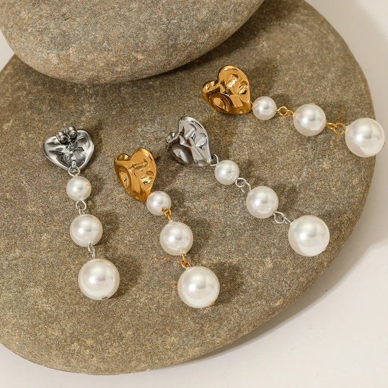 G3957 Wholesale Stainless Steel Pearl Earrings Gold Plated Texture Heart Pearl Pendant Earrings for Women Fashion Jewelry