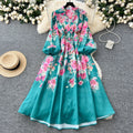 LW0931 Vintage Senior Sense V-Neck Lantern Sleeve Waist Waist Printed Big Swing Long Court Style Dress Woman