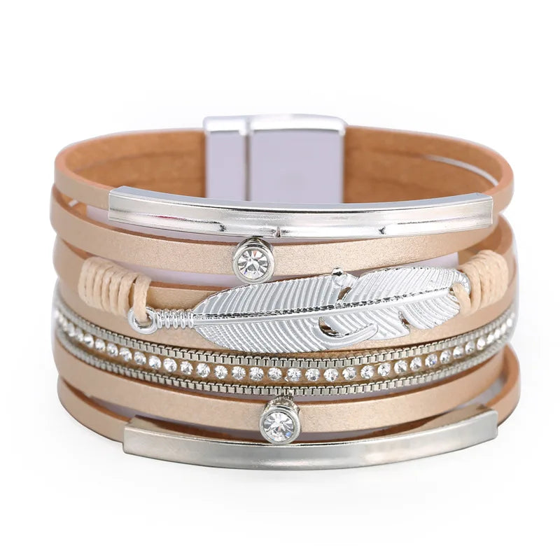 DHJ00008 Factory Wholesale Fashion Multi Layer Leather Bracelet Women Magnetic Buckle Feather Bracelet